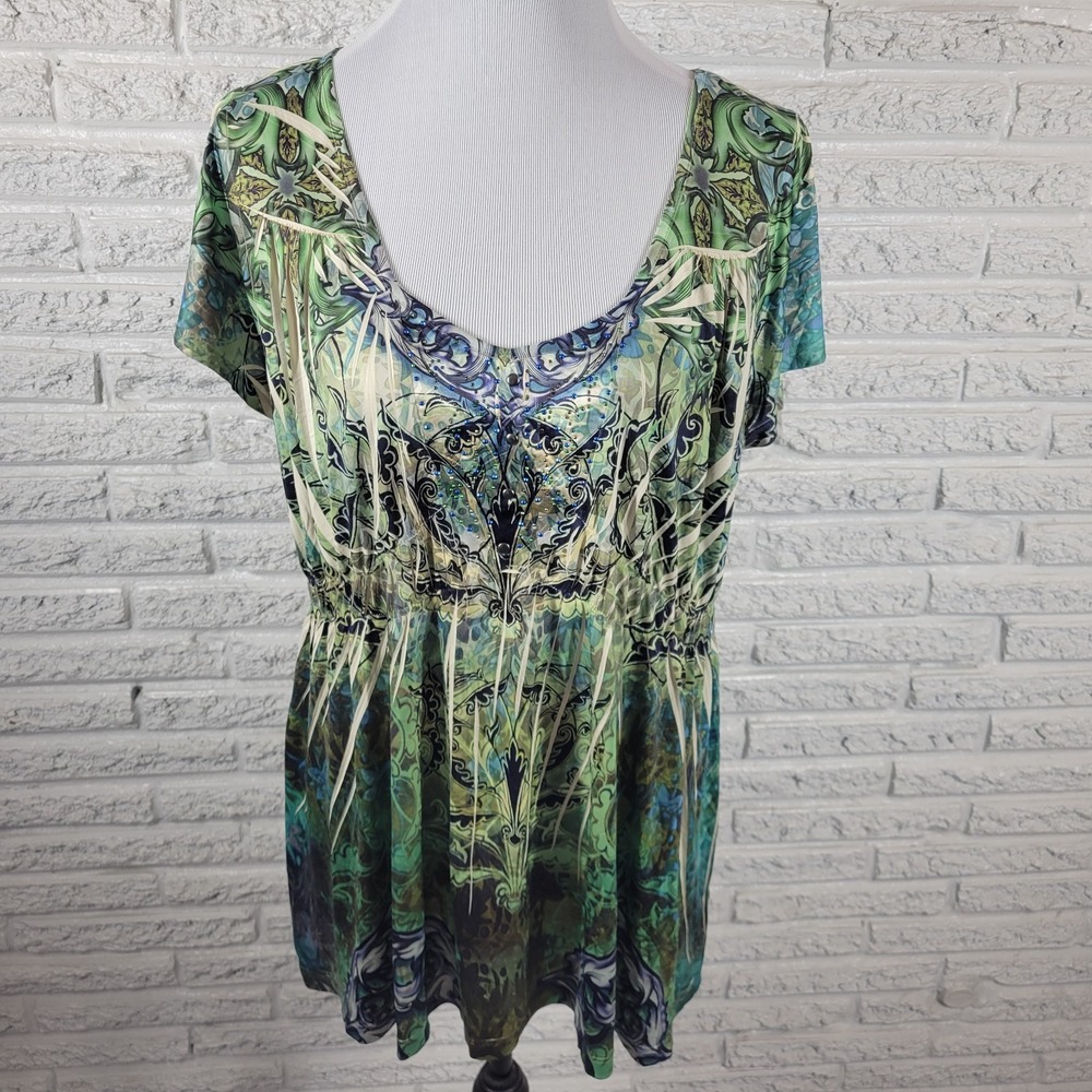 Apt 9 Womens 1X Top Blouse Geometric Blue Green Flutter Sleeve Studded Stretch